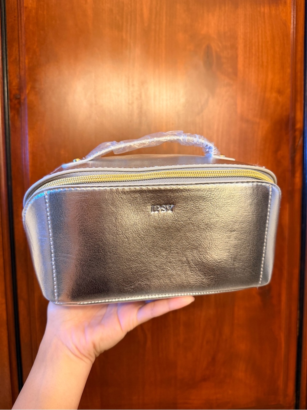 ipsy Silver Metallic Cosmetic Case with Top Handle